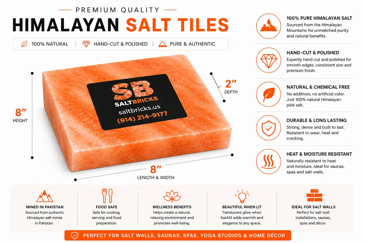 Himalayan Salt Cooking Block 8"×8"×2", Pack of 2