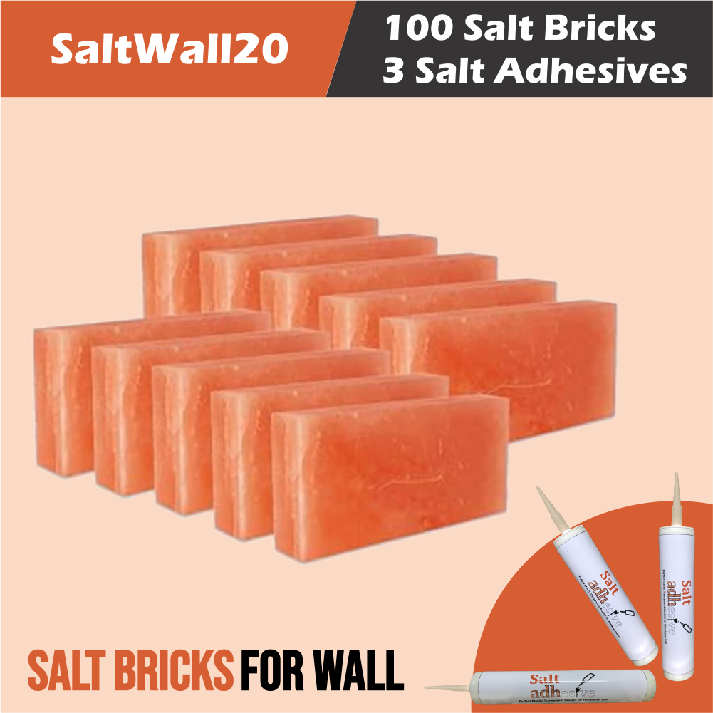 Himalayan Salt Bricks 8" x 4" x 2" - Pack of 100 with 3 free Salt Adhesive