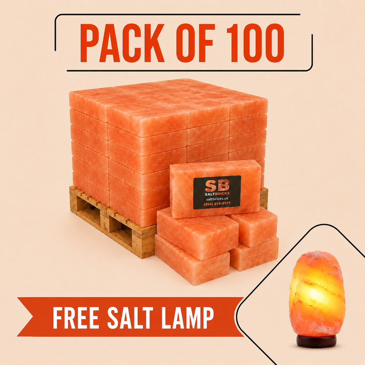 Himalayan Salt Bricks 8" x 4" x 2" - Pack of 100 with Free Salt Lamp