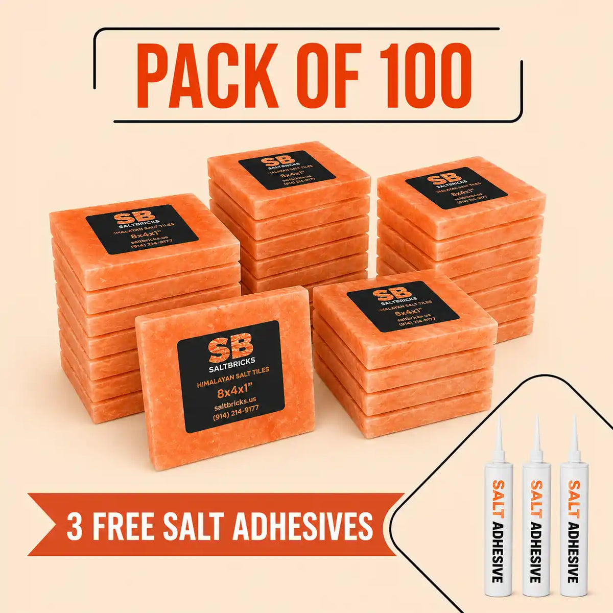 Himalayan Salt Blocks 8" x 8" x 1" - Pack of 100 with Free Salt Adhesive