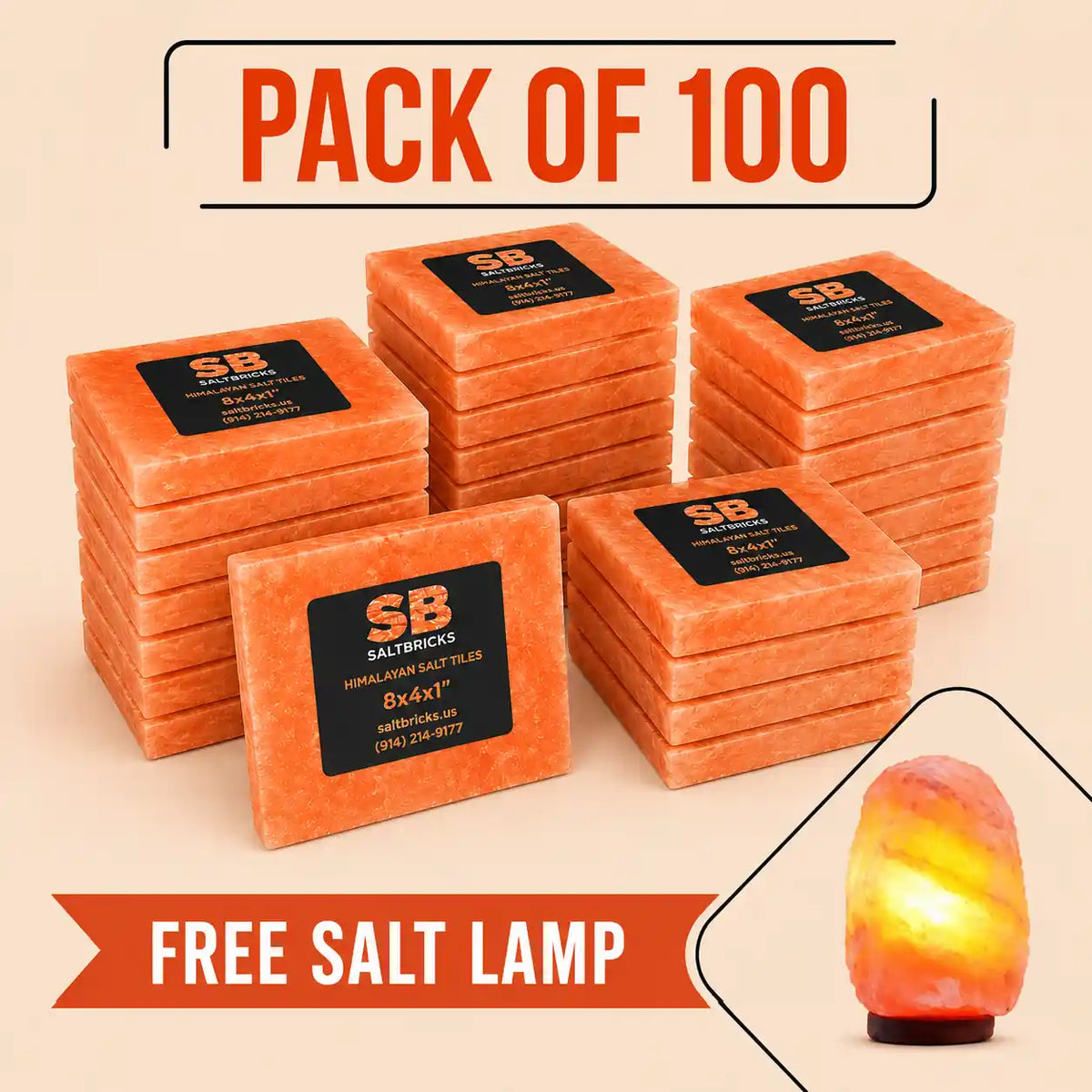 Himalayan Salt Blocks 8" x 8" x 1" - Pack of 100 with Free Salt Lamp
