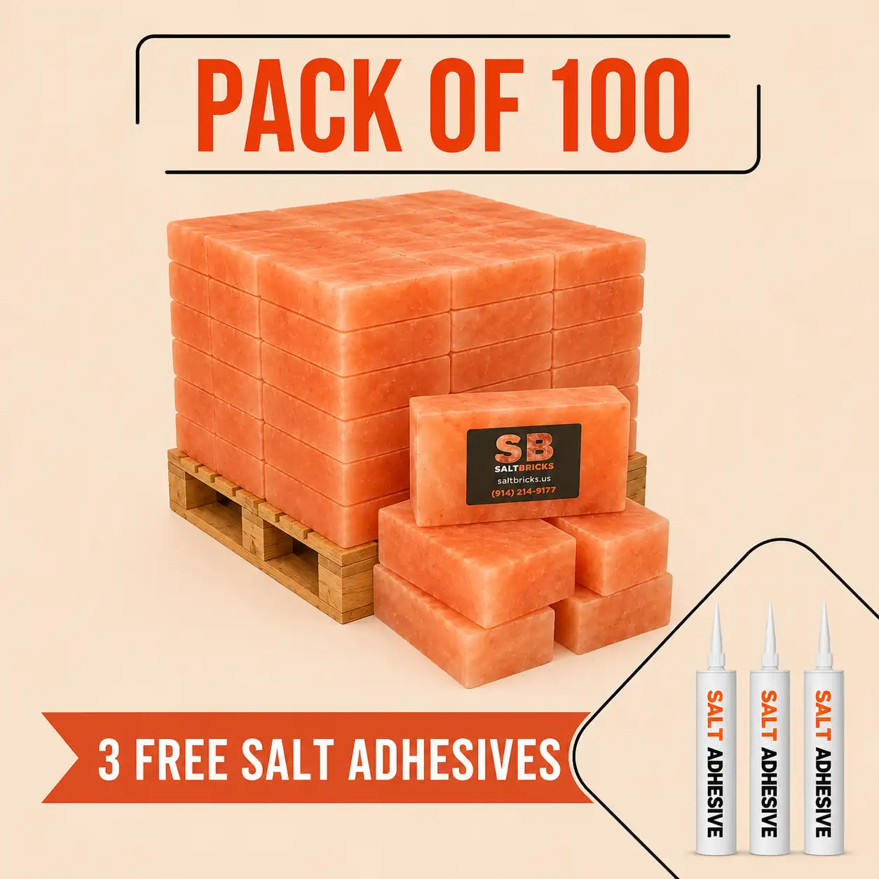 Himalayan Salt Bricks 8" x 4" x 2" - Pack of 100 with 3 free Salt Adhesive