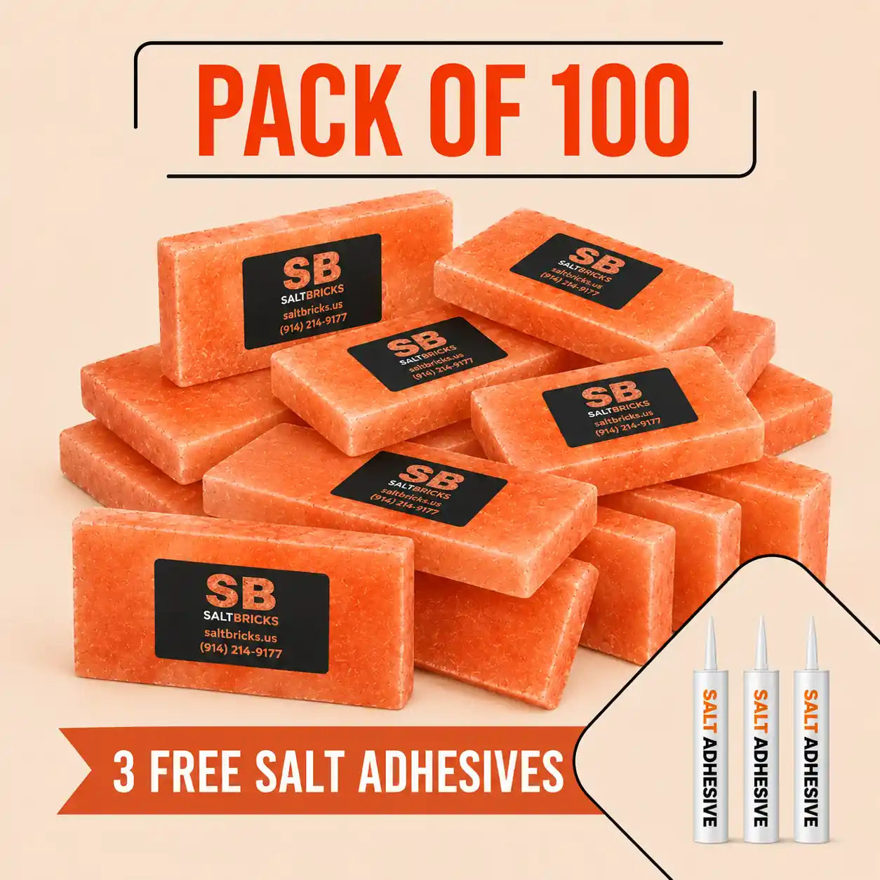 Himalayan Salt Tiles 8" x 4" x 1" - Pack of 100 with Free Salt Adhesive